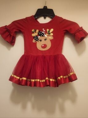 Emily Rose Red Reindeer Tutu Dress with Gold Trim, 18months